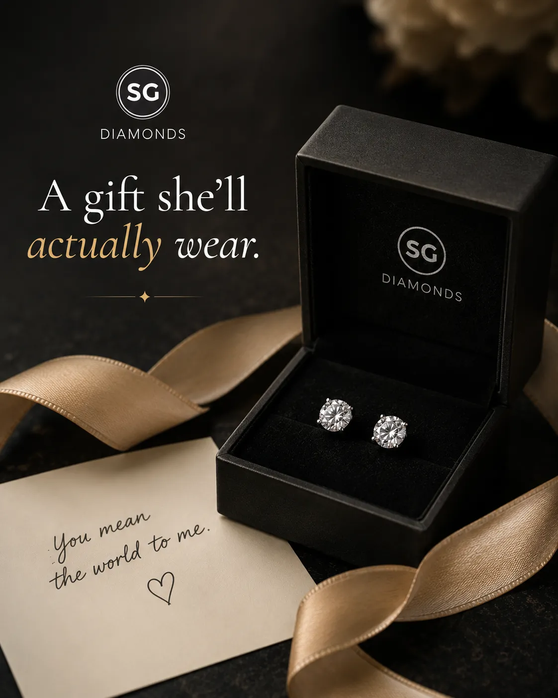 Diamond stud earrings presented in an SG Diamonds gift box
